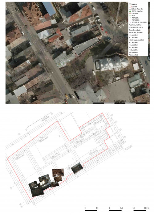 Pl. I. 1. Imagine georeferențiată cu localizarea clădirii Școlii Waldorfin incinta căreia au fost descoperite morminte aparținând vechiului cimitir al bisericii Popa Nan; 2. Planul clădirii Școlii Waldorf cu imaginile ortorectificate ale mormintelor descoperite și cercetate arheologic